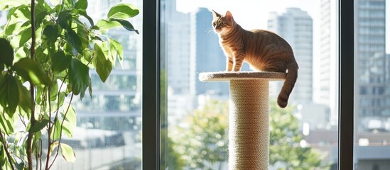 Tabby Cat Sitting on Scratching Post by Sunlit Window, Observing the City
