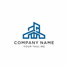 Fototapeta premium Modern blue line art building logo design for company branding.