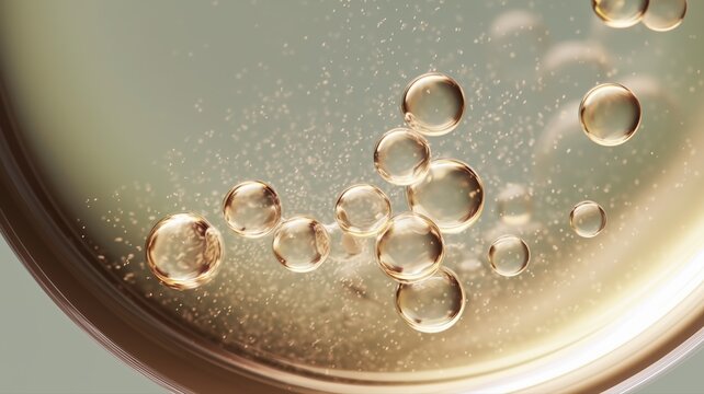 Macro shot of a luminous skincare emulsion with golden bubbles, highlighting hydration, purity, and modern dermocosmetic innovation for commercial use