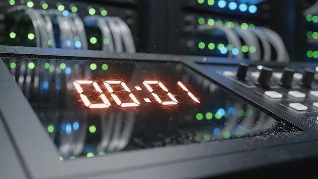 Server Room Display with Countdown Timer and "Retrying Connection" Message Displayed on Interface Panel in Dark Environment Highlighting Connectivity