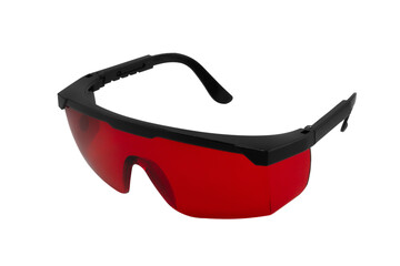 Fashionable red sunglasses. Sunglasses with mirrored lenses isolated on white background. Mirrored sunglasses with anti-reflective coating.