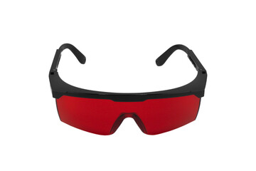 Fashionable red sunglasses. Sunglasses with mirrored lenses isolated on white background. Mirrored sunglasses with anti-reflective coating.