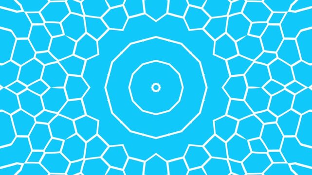Concentric Voronoi-style polygon pattern in blue and white. Kaleidoscope video