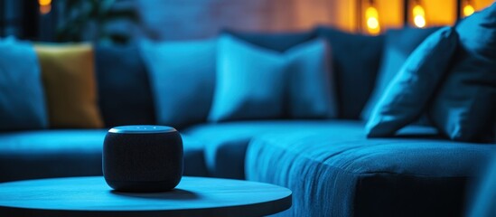 Smart Speaker on Coffee Table in Modern Living Room with Blue Lighting