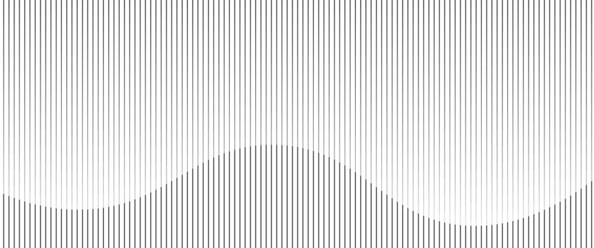 Minimalist abstract background featuring thin vertical black lines forming smooth wave shapes on a white surface. The clean linear pattern creates a sense of rhythm,