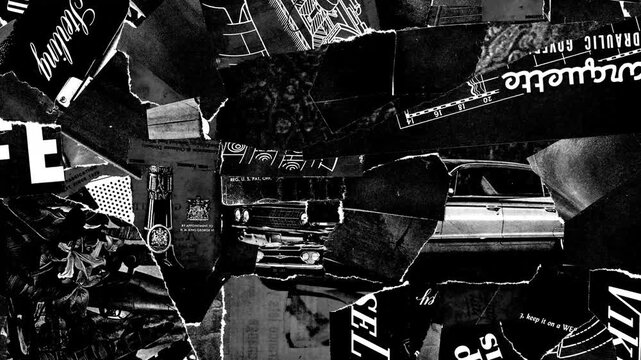 Fast newspaper headlines animation. A chaotic, black and white stop-motion loop of vintage news clippings.Vintage newspaper collage loop.Video 4k	