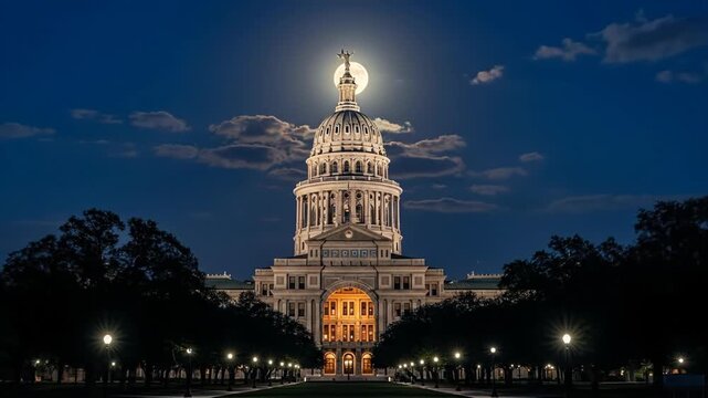 Nighttime Capitol Building Dome Scene with Illuminated Steps and Columns.