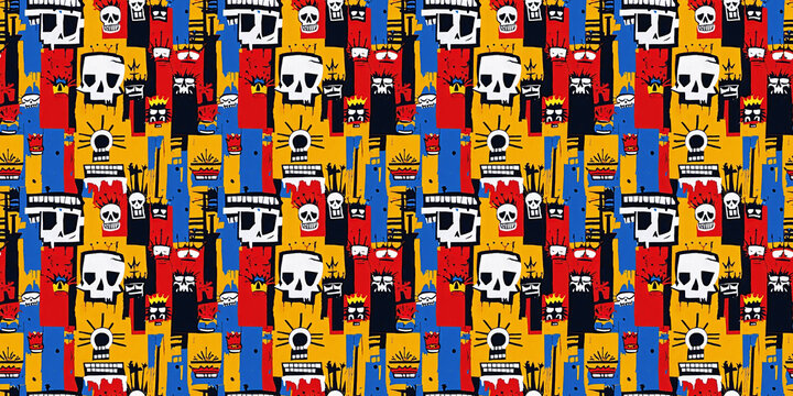 Avant-garde seamless pattern, child-like symbols, cryptic phrases, crowns, skulls, bold primary colors, black, white, earth tones, ideal for artistic textiles, experimental design