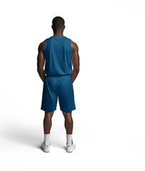 Mockup of blue jerseys, shorts, on dark-skinned men, training suit on a basketball player, png, back view, AI generation
