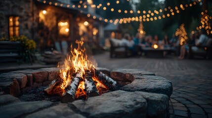 Outdoor lifestyle shot of a stone fire pit with roaring flames and birch logs, blurred group of friends in background, and string lights.