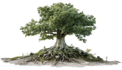 A large, mature tree with exposed roots and lush green foliage, isolated on a transparent background