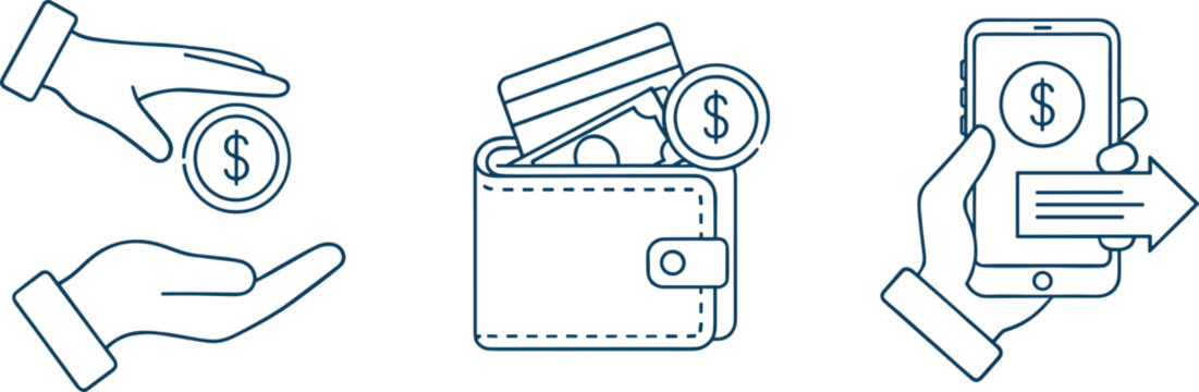 Digital payment and money transaction icon set vector illustration featuring cash handling, wallet with cards, and mobile payment symbols for finance and fintech design concepts