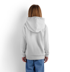 Mockup of white hoodies, on a girl child in blue jeans, png, back view