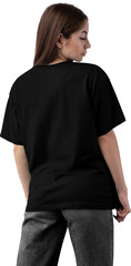 Black oversized t-shirt mockup on girl in gray jeans, png, back view