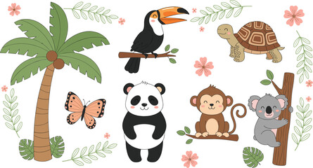 Cute jungle animal cartoon vector set with panda monkey koala toucan turtle palm tree elements © Sumon Creative