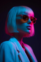 Fototapeta premium Stylish Blonde Woman with Bob Haircut Wearing Sunglasses in Neon Pink Room