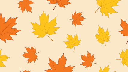 Fototapeta premium Autumnal seamless pattern featuring orange and yellow maple leaves drifting on a light beige background for fall-themed decorations.