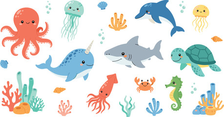 Cute marine animals cartoon vector set with dolphin shark octopus turtle and coral isolated on white background illustration