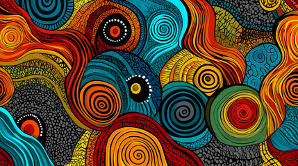 A vibrant abstract background with swirling shapes and ethnic motifs