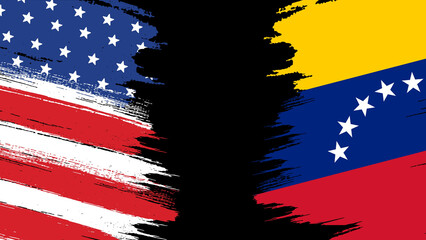  USA and Venezuela flags in art style paint strokes on black background with copyspace, symbolizing diplomacy, politics and international relations.