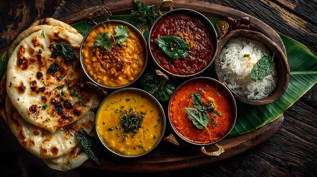 Overhead shot of traditional Indian Thali served on a banana leaf with bowls of dal and curry, fresh naan bread, and rustic wooden table.