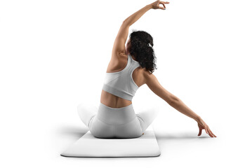 Mockup of white floor mat, yoga tracksuit, top, leggings on trainer woman, png, back view