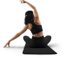 Mockup of black floor mat, yoga tracksuit, top, leggings on trainer woman, png, back view