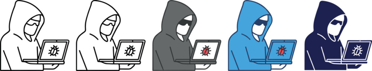 Cyber security hacker icon set vector illustration featuring hooded programmer using laptop with malware warning symbol for hacking, data breach, and online threat concepts