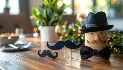 3d cartoon illustration of a fun business character explorer with a black mustache and top hat dining at a restaurant table with a glass of champagne