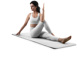 Mockup of white floor mat, yoga tracksuit, top, leggings on trainer woman, png, side view