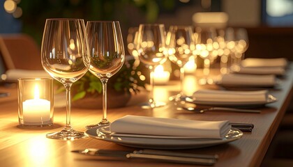 An elegant crystal champagne goblet filled with sparkling wine sits on a decorated Christmas dinner table, creating a festive holiday atmosphere for a New Year celebration or luxury party