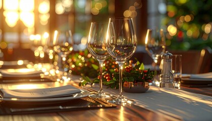 An elegant crystal champagne goblet filled with sparkling wine sits on a decorated Christmas dinner table, creating a festive holiday atmosphere for a New Year celebration or luxury party