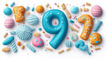 Colorful and Festive Ninth Birthday Celebration with Sweet Confectionery Decorations and Number Nine