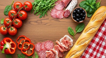 Assortment of gourmet charcuterie meats, fresh vegetables, olives, and bread artfully arranged on a rustic wooden board