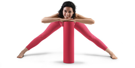 Mockup of red floor mat, yoga tracksuit, top, leggings on trainer woman, png, front view