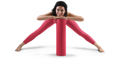 Mockup of red floor mat, yoga tracksuit, top, leggings on trainer woman, png, front view