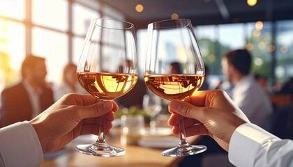A woman at a restaurant party holds two glasses of red wine and champagne for a dinner celebration with drinks on the table