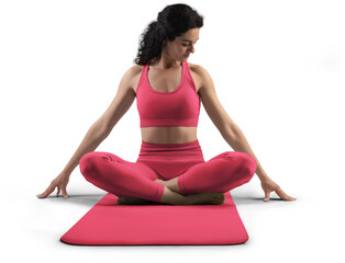 Mockup of red floor mat, yoga tracksuit, top, leggings on trainer woman, png, front view