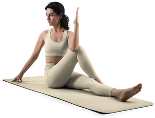 Mockup of tan, beige, nude floor mat, sports suit for yoga, top, leggings on trainer woman, png, side view