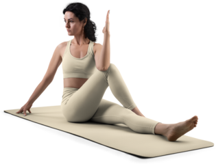 Mockup of tan, beige, nude floor mat, sports suit for yoga, top, leggings on trainer woman, png, side view