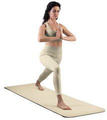 Mockup of tan, beige, nude floor mat, sports suit for yoga, top, leggings on trainer woman, png, front view