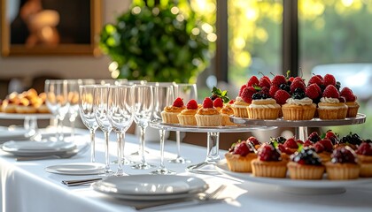 Luxury wedding reception table setting featuring elegant glassware and plates for a banquet dinner celebration in a restaurant interior with floral decorations and catering
