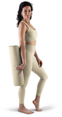 Mockup of tan, beige, nude floor mat, sports suit for yoga, top, leggings on trainer woman, png, side view