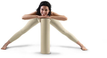 Mockup of tan, beige, nude floor mat, sports suit for yoga, top, leggings on trainer woman, png, front view