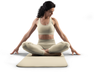 Mockup of tan, beige, nude floor mat, sports suit for yoga, top, leggings on trainer woman, png, front view