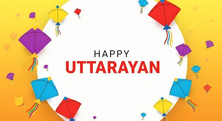 Happy Uttarayan Festival with Colorful Kites on Bright Yellow Background
