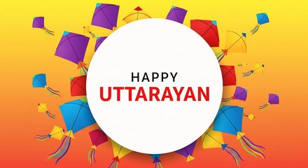 Happy Uttarayan Festival with Colorful Kites on Bright Yellow Background