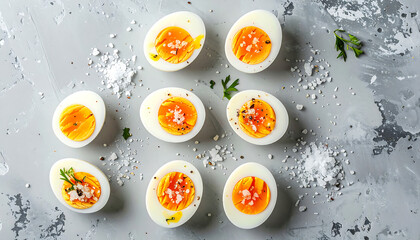 A collection of perfectly cooked, soft-boiled eggs, artfully arranged on a clean white surface with a dusting of salt
