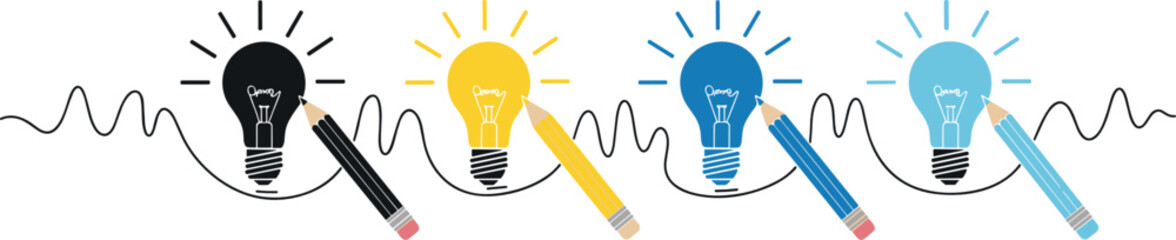 Creative idea development icon set vector illustration featuring light bulbs with pencils and waveform line representing brainstorming, innovation process, inspiration, and concept creation design