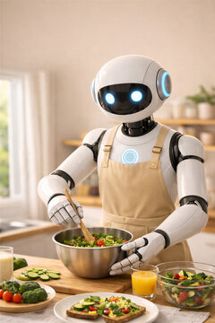 A friendly humanoid home assistant robot wearing an apron while preparing a healthy breakfast .